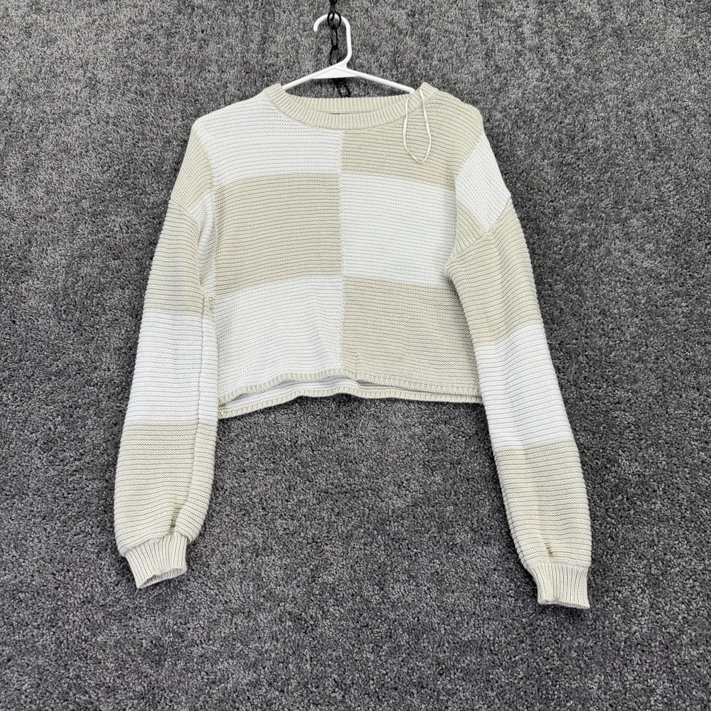 Moon & Madison Sweater Womens Small Beige Checkered Knit Crew Cropped Casual